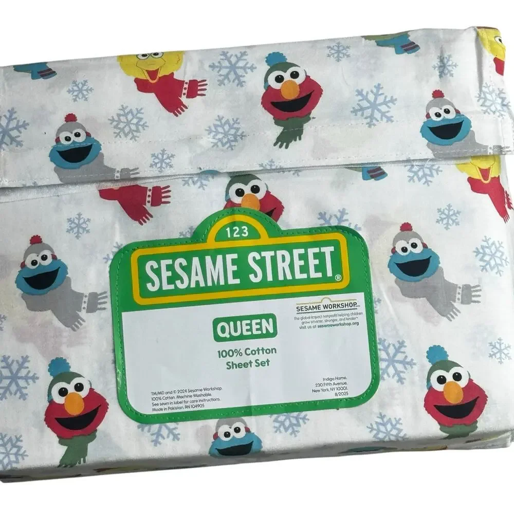 Sesame Street Winter Wonderland Queen 100% Cotton Sheet 4 Piece Set NWT
